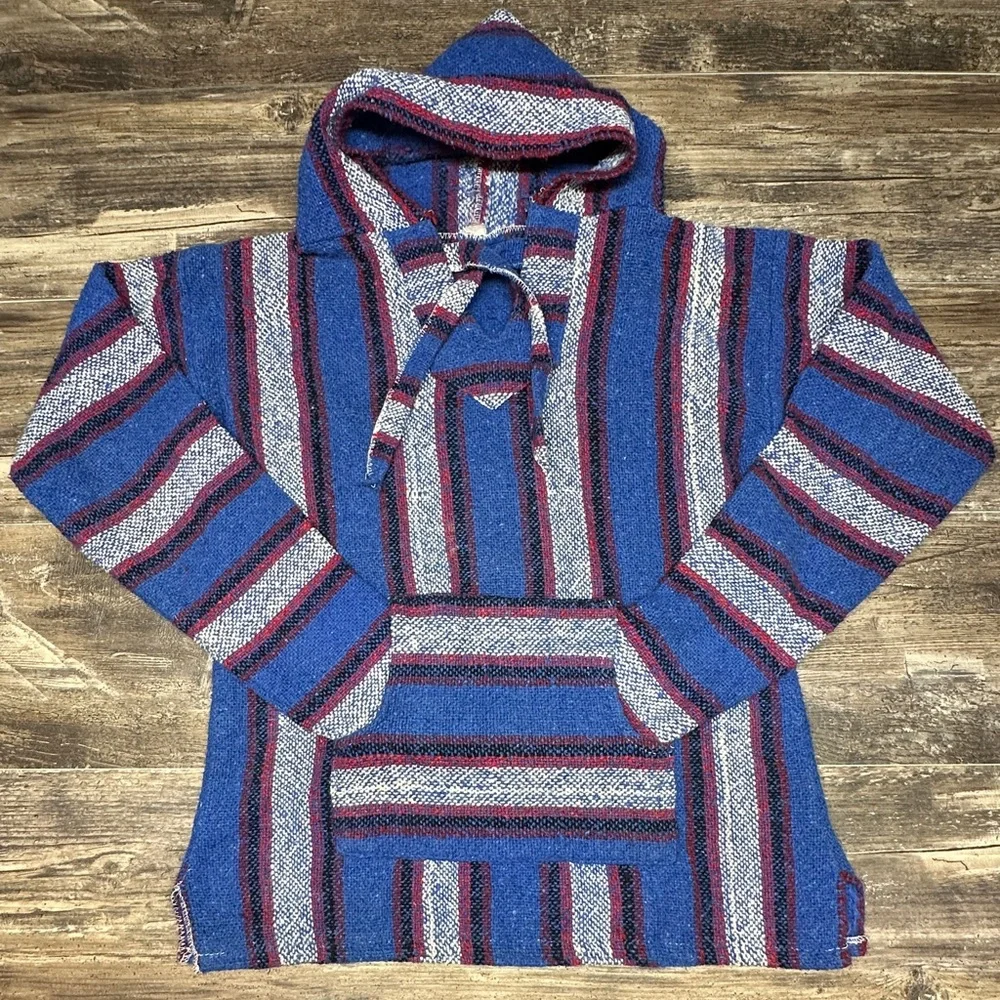 Blue Striped Baja Hoodie Mexican Blanket Pullover Men’s Medium - GUC